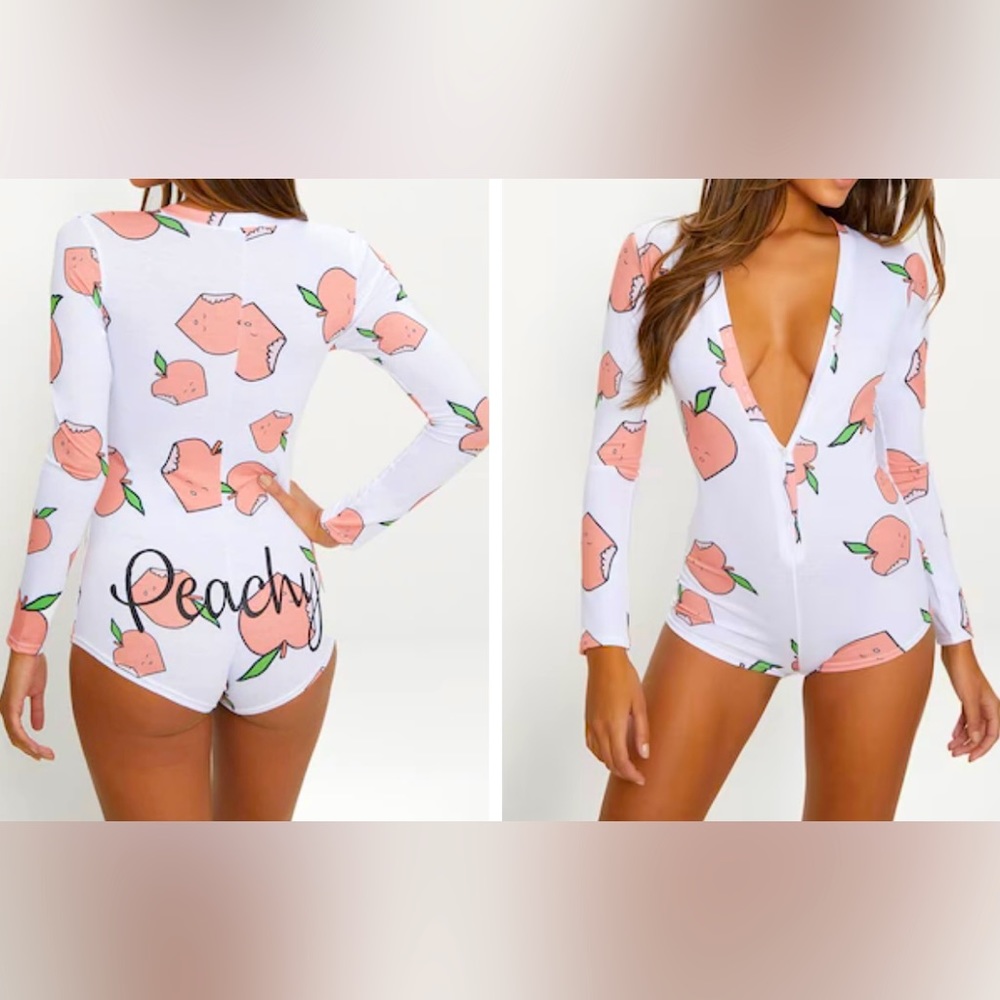 White Peachy Printed PJ Romper - Picture 1 of 3